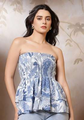 Blue Printed Cotton Short Kurta