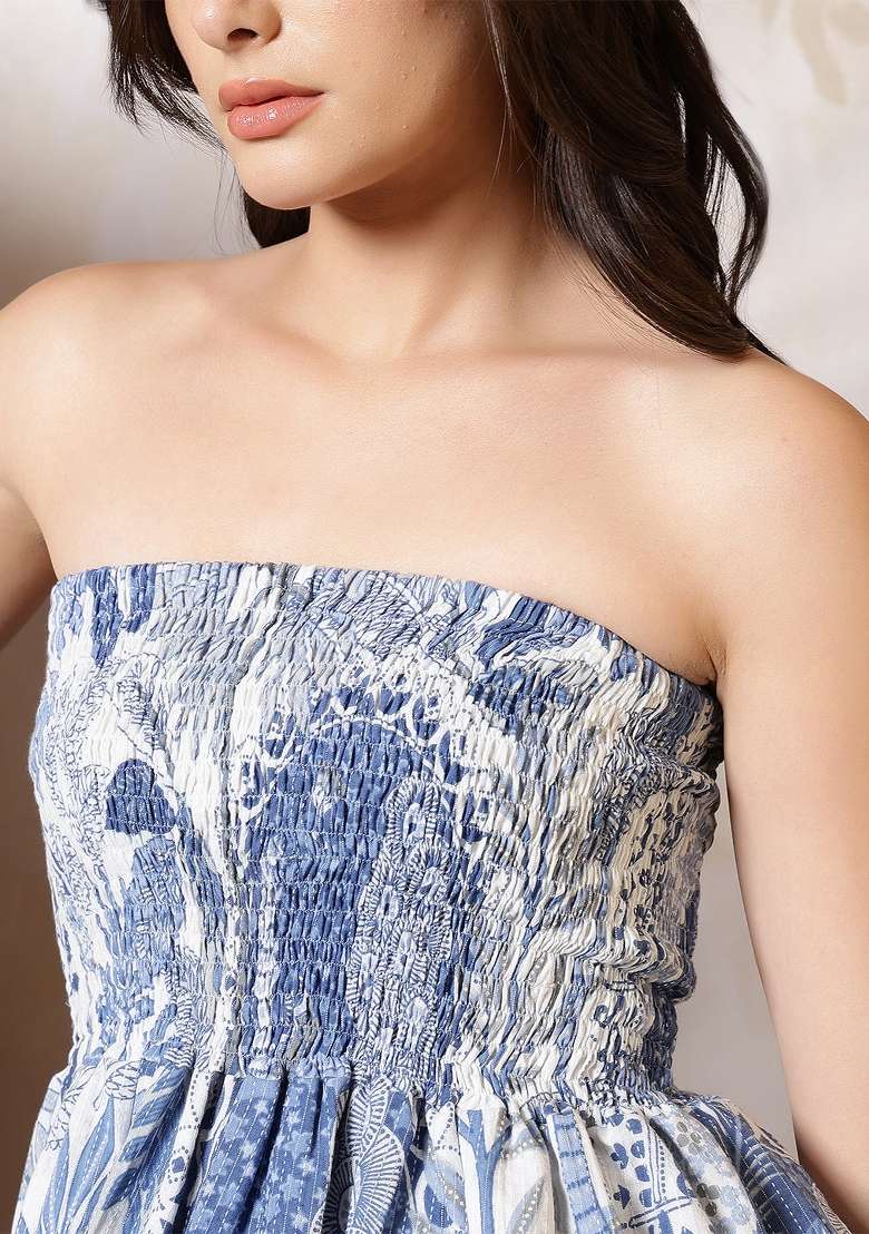 Blue Printed Cotton Short Kurta - Indya