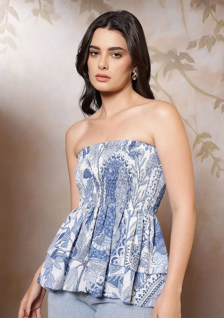 Blue Printed Cotton Short Kurta - Indya