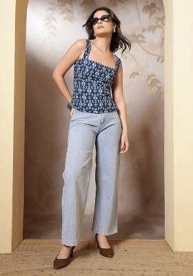 Blue Printed Cotton Short Kurta