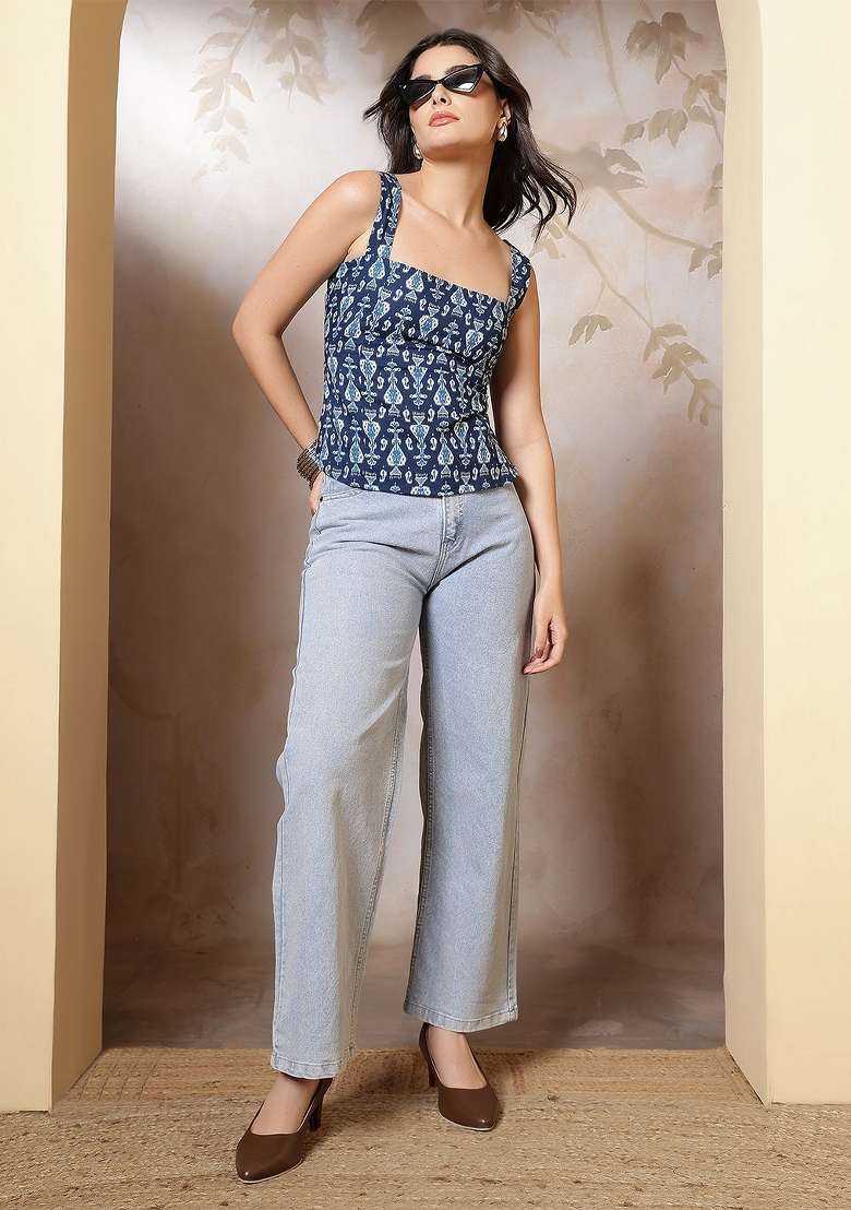 Blue Printed Cotton Short Kurta - Indya