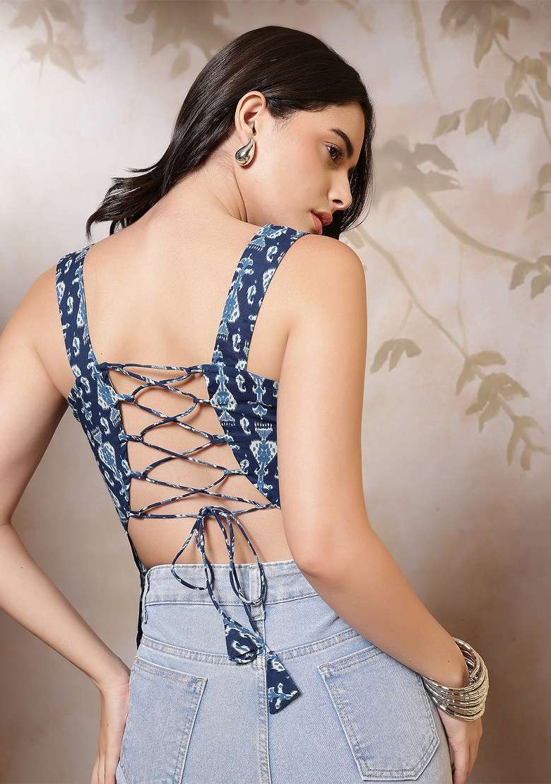Blue Printed Cotton Short Kurta - Indya
