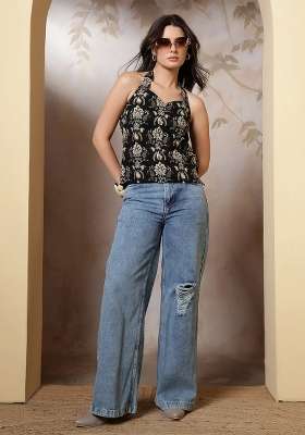 Black Printed Cotton Short Kurta