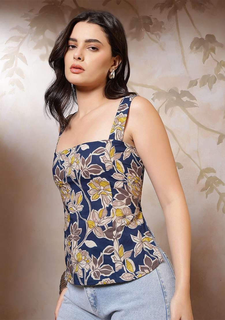 Blue Printed Cotton Short Kurta - Indya