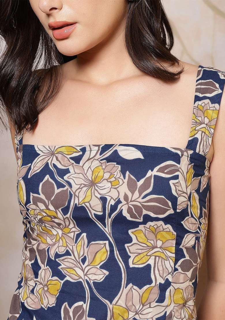 Blue Printed Cotton Short Kurta - Indya