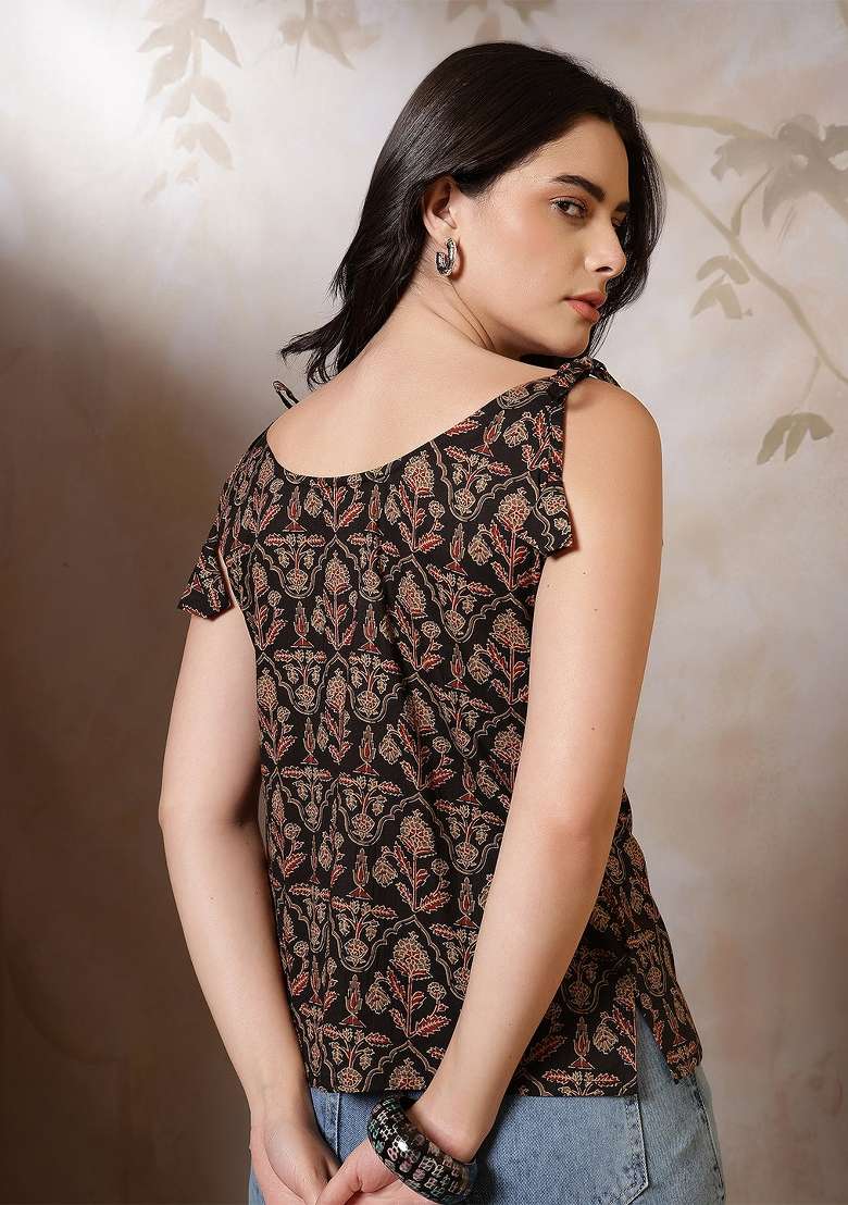 Black Printed Cotton Short Kurta - Indya