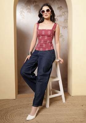 Mauve Printed Cotton Short Kurta