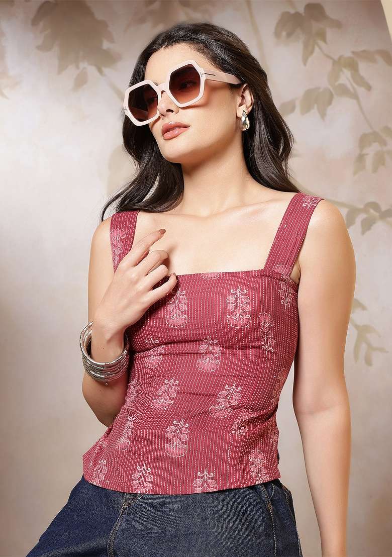 Mauve Printed Cotton Short Kurta - Indya