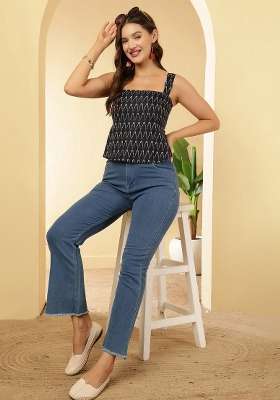 Navy Blue Printed Cotton Short Kurta