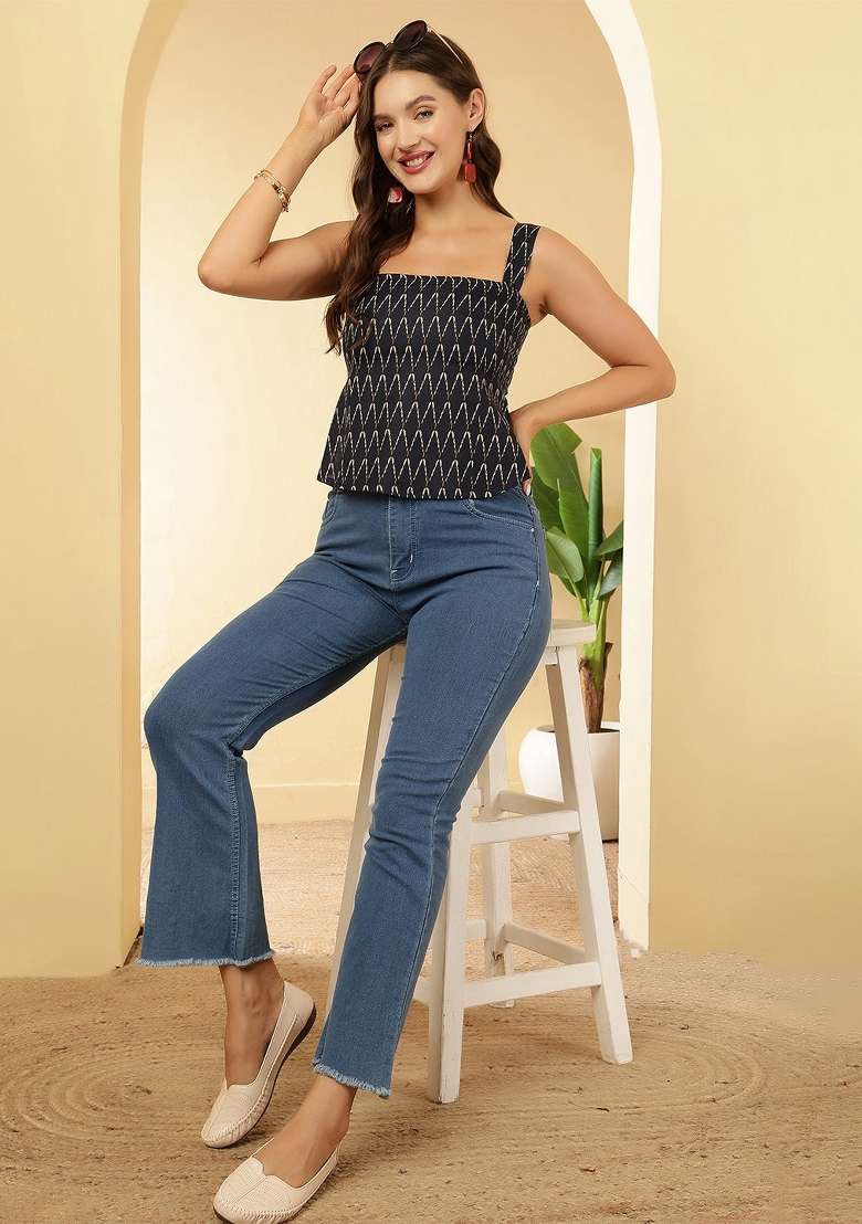 Navy Blue Printed Cotton Short Kurta - Indya