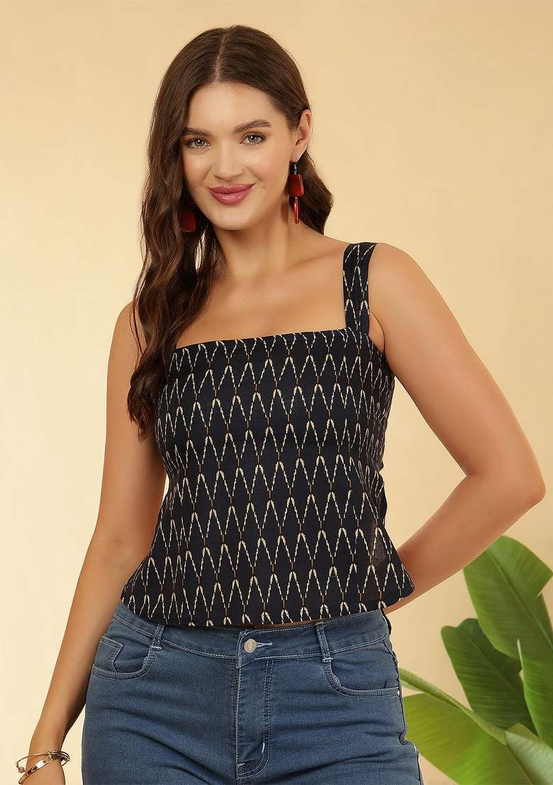 Navy Blue Printed Cotton Short Kurta - Indya