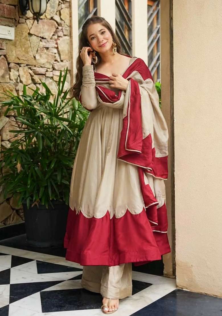Beige Embroidery Silk Anarkali Set - Indya
