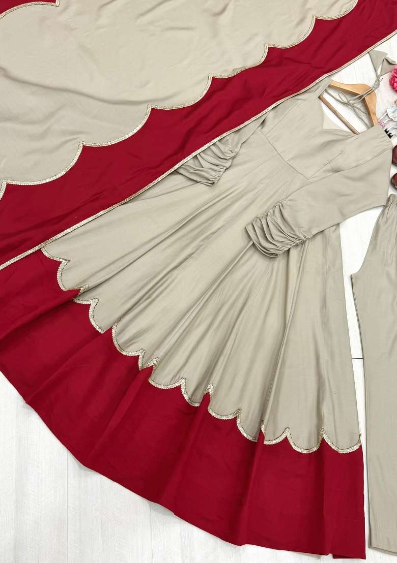 Beige Embroidery Silk Anarkali Set - Indya