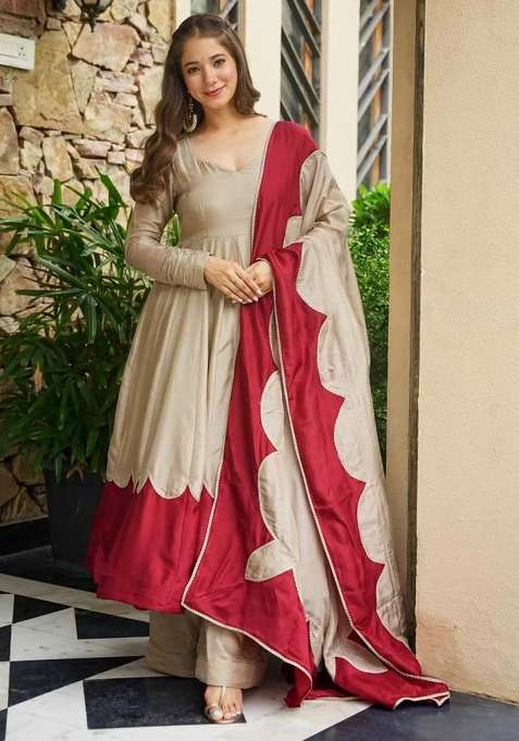 Beige Embroidery Silk Anarkali Set