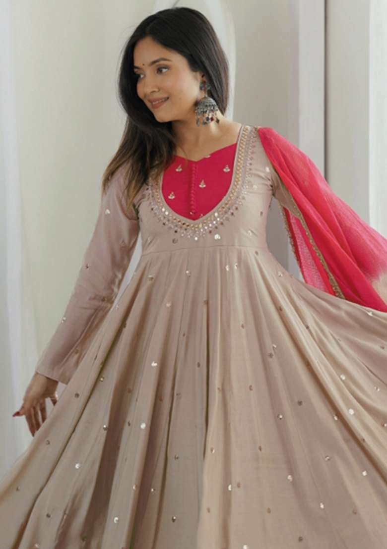 Beige Embroidery Silk Anarkali Set - Indya