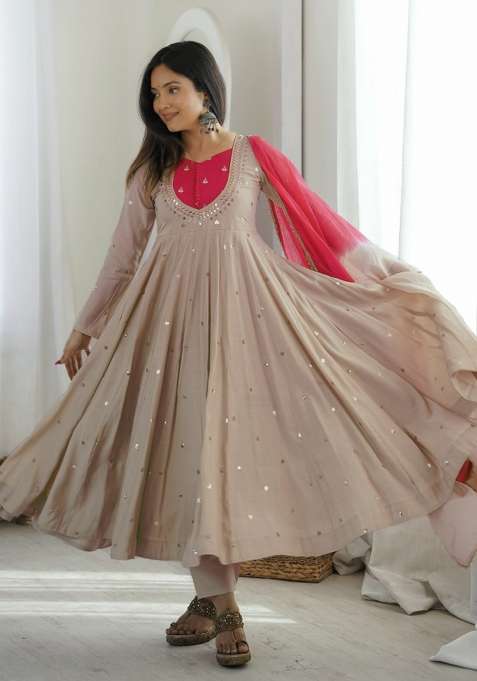Beige Embroidery Silk Anarkali Set
