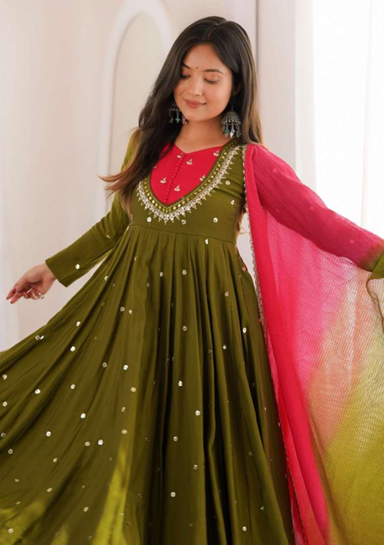 Dark Olive Embroidery Silk Anarkali Set - Indya