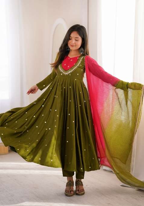 Dark Olive Embroidery Silk Anarkali Set