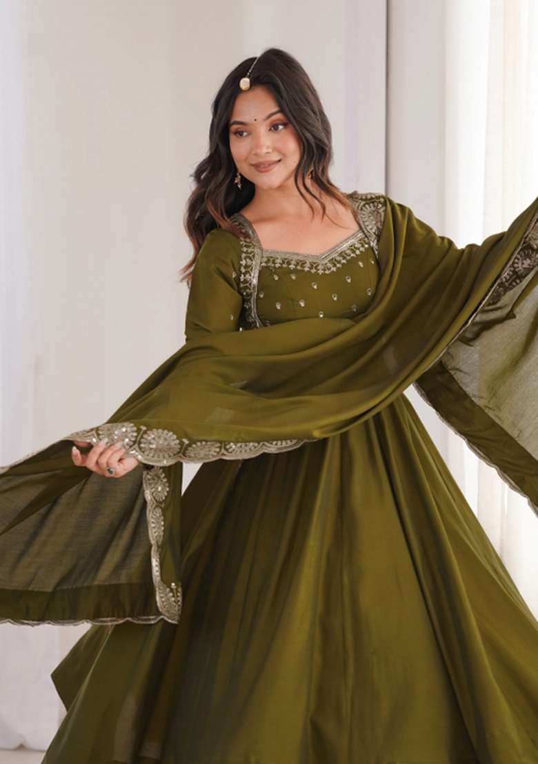Dark Olive Embroidery Silk Anarkali Set - Indya