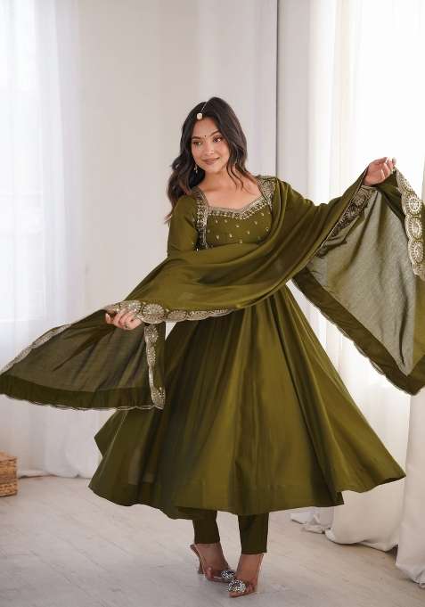 Dark Olive Embroidery Silk Anarkali Set
