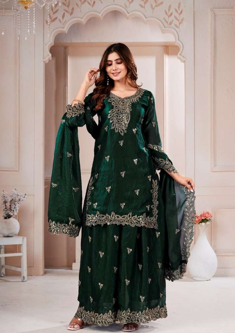 Green Embroidered Silk Sharara Set - Indya