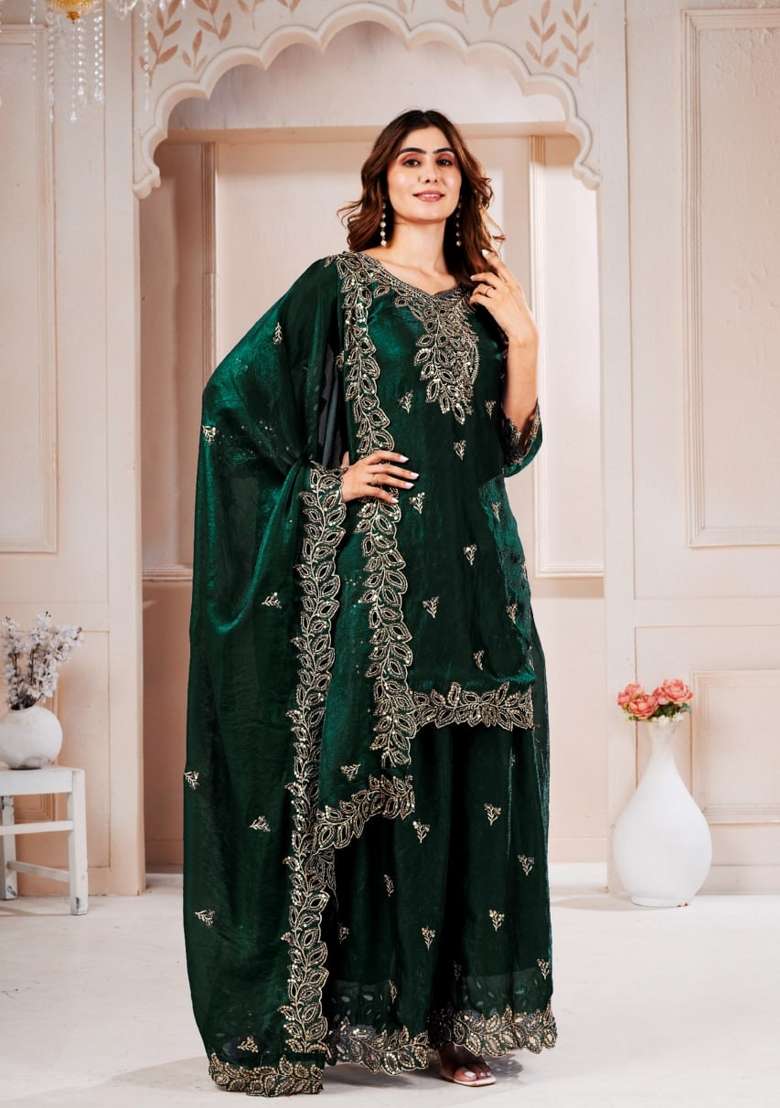 Green Embroidered Silk Sharara Set - Indya
