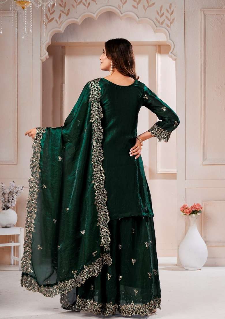 Green Embroidered Silk Sharara Set - Indya
