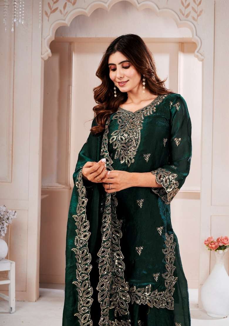 Green Embroidered Silk Sharara Set - Indya