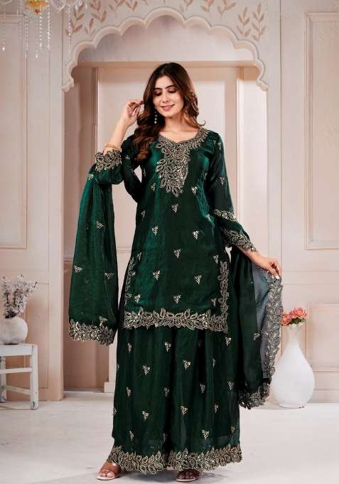 Green Embroidered Silk Sharara Set