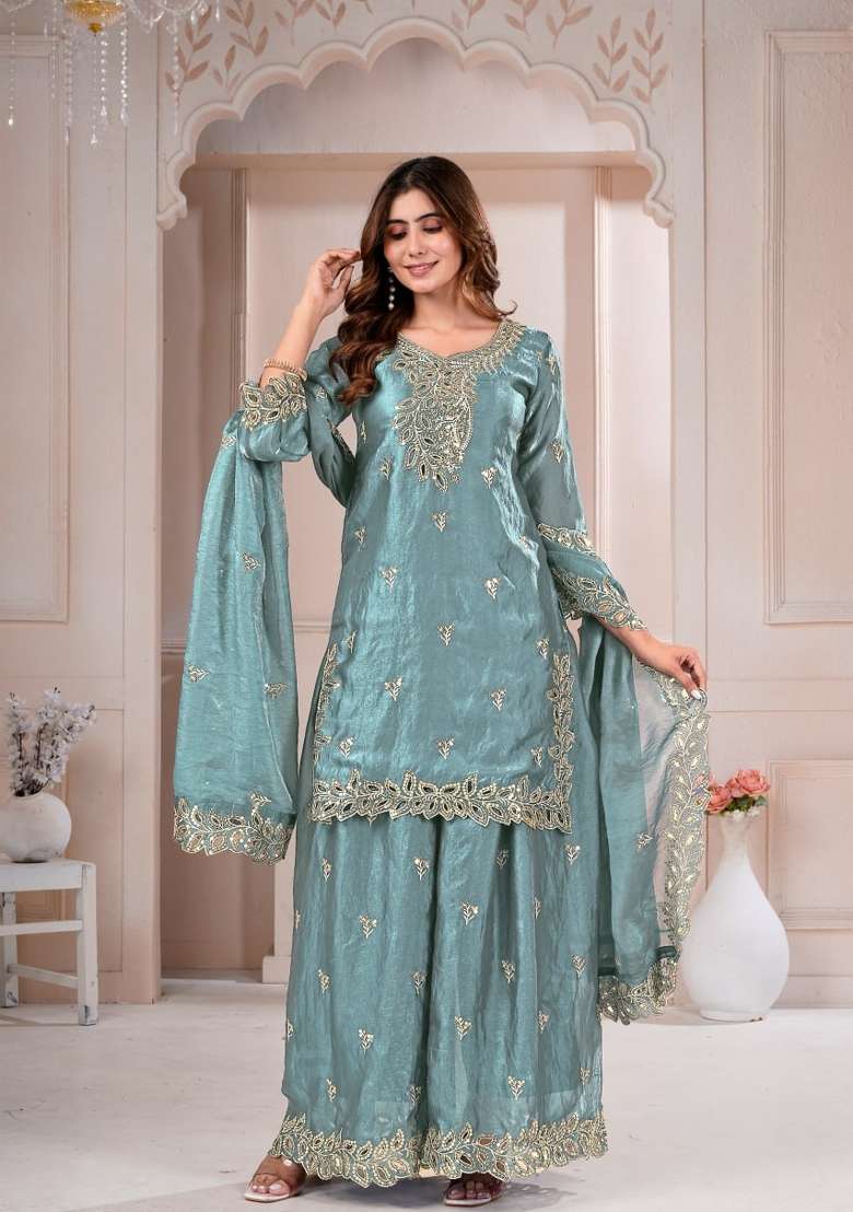 Grey Embroidered Silk Sharara Set - Indya