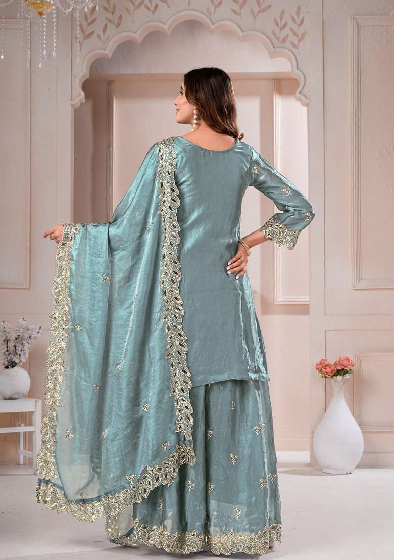 Grey Embroidered Silk Sharara Set - Indya