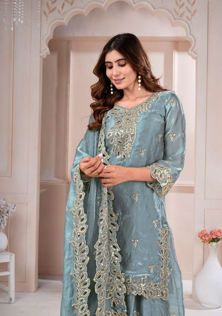 Grey Embroidered Silk Sharara Set - Indya