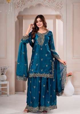 Navy Blue Embroidered Silk Sharara Set