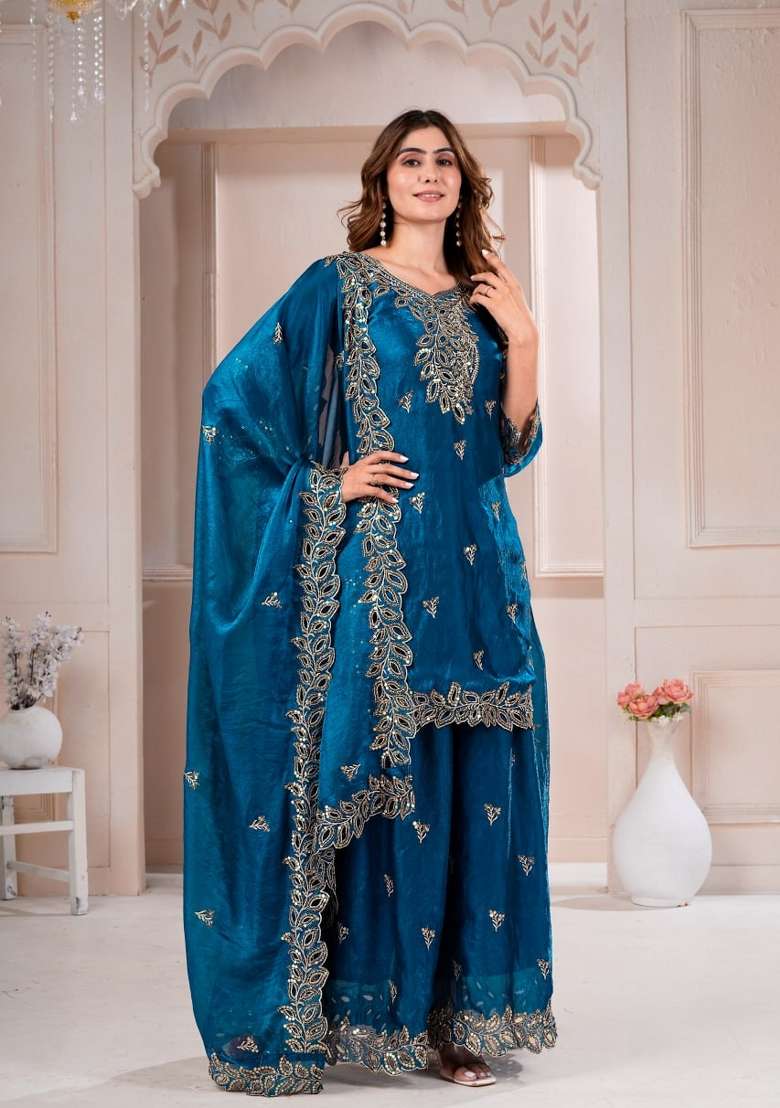 Navy Blue Embroidered Silk Sharara Set - Indya