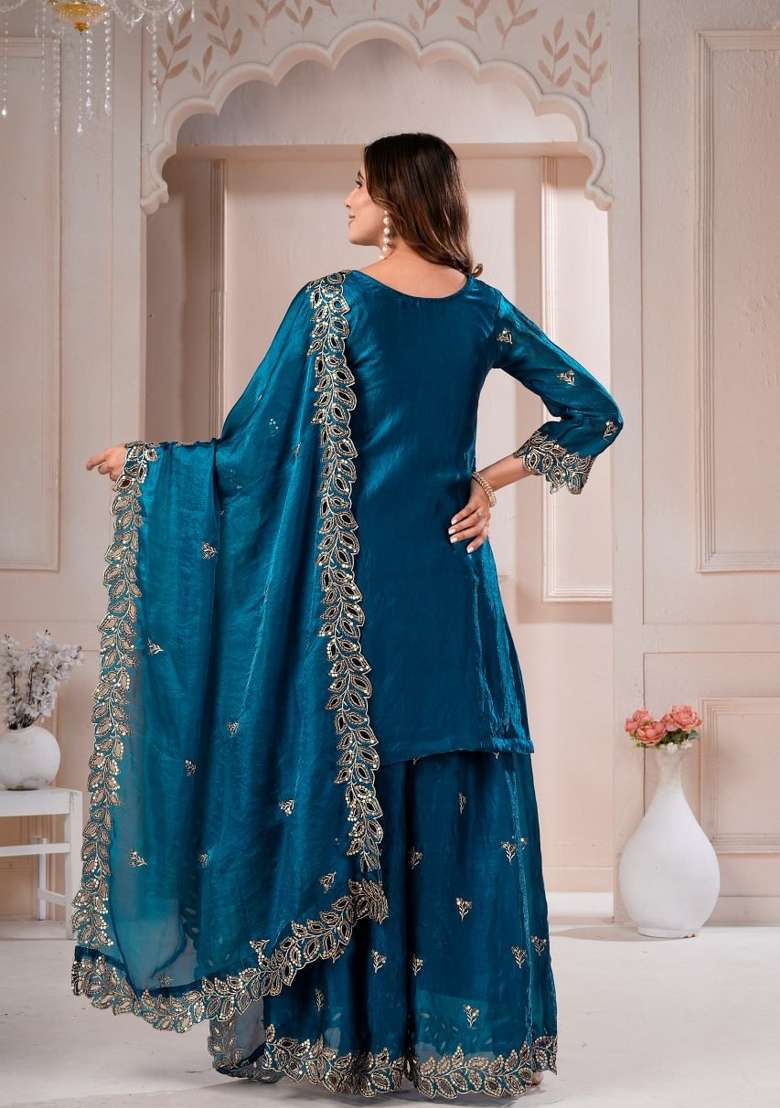 Navy Blue Embroidered Silk Sharara Set - Indya
