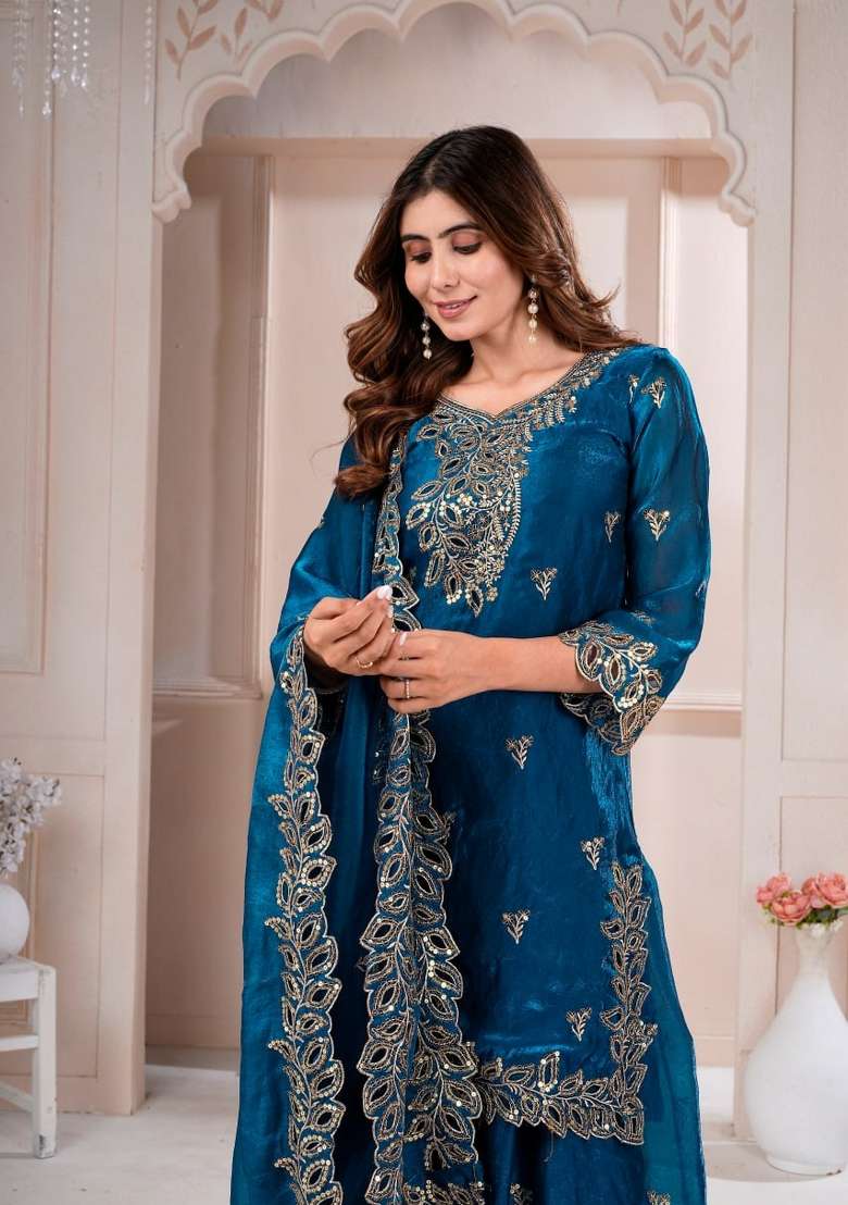 Navy Blue Embroidered Silk Sharara Set - Indya