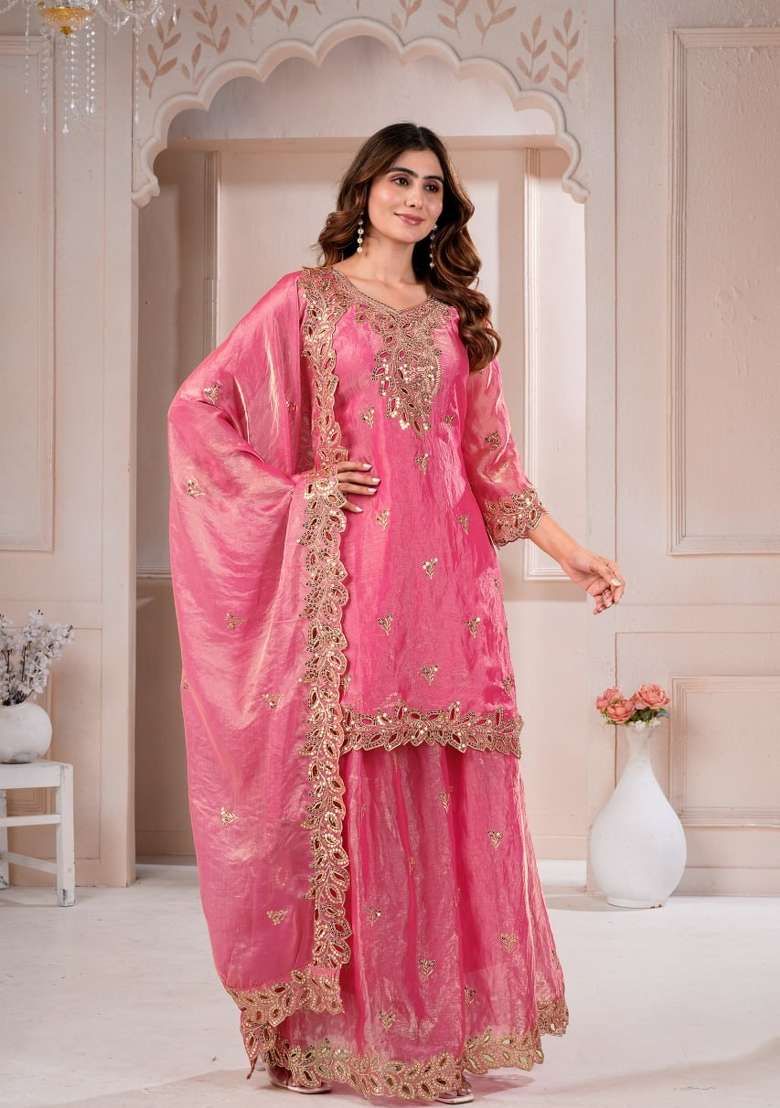 Pink Embroidered Silk Sharara Set - Indya