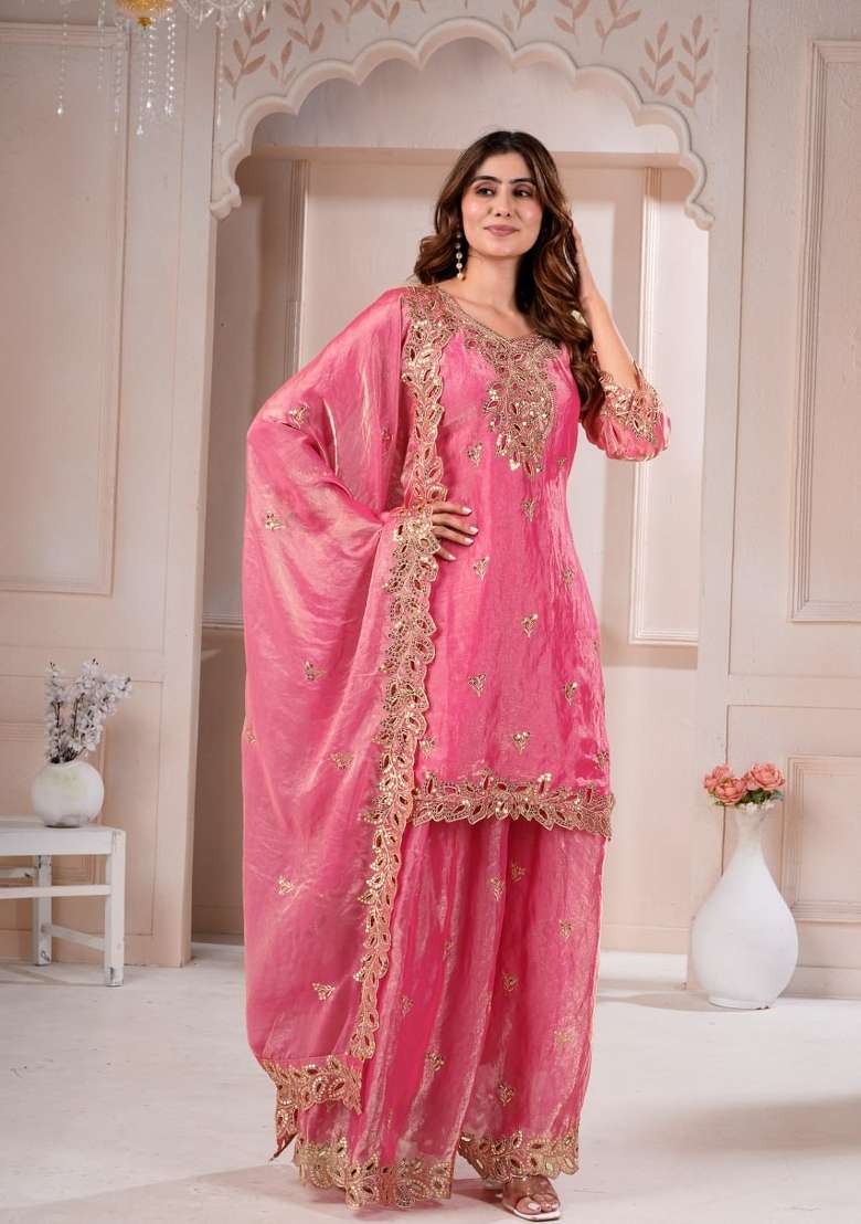 Pink Embroidered Silk Sharara Set - Indya