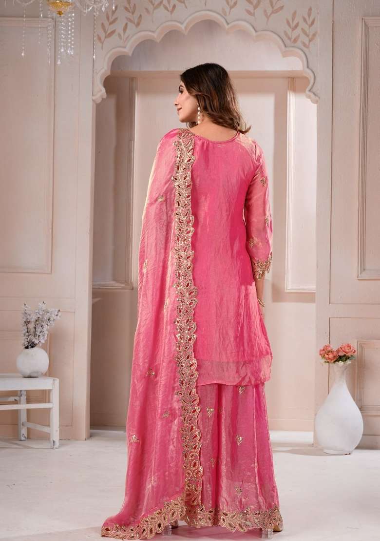 Pink Embroidered Silk Sharara Set - Indya