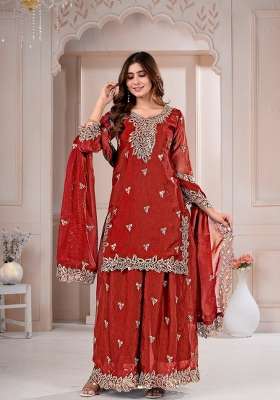 Red Embroidered Silk Sharara Set
