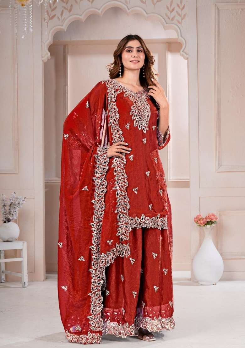 Red Embroidered Silk Sharara Set - Indya