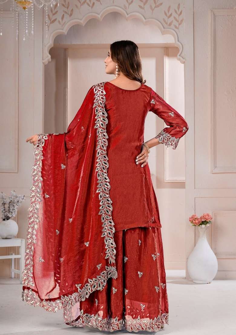 Red Embroidered Silk Sharara Set - Indya