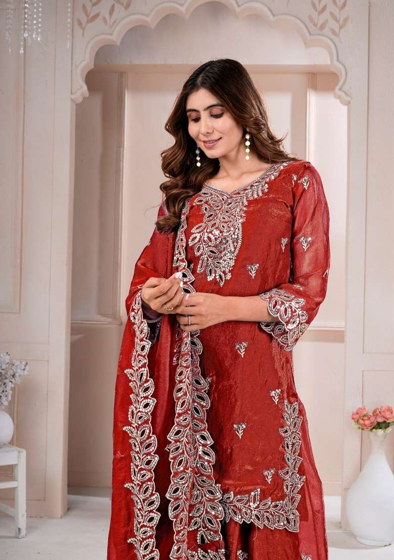 Red Embroidered Silk Sharara Set - Indya