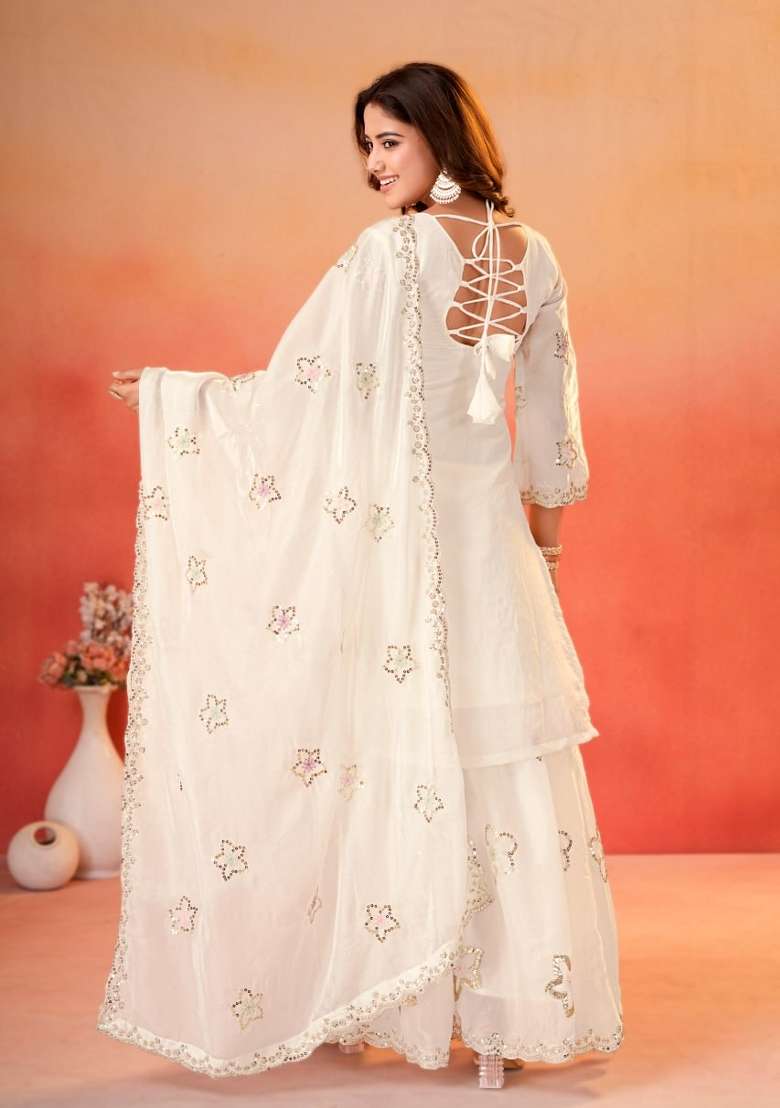 White Embroidered Silk Sharara Set - Indya