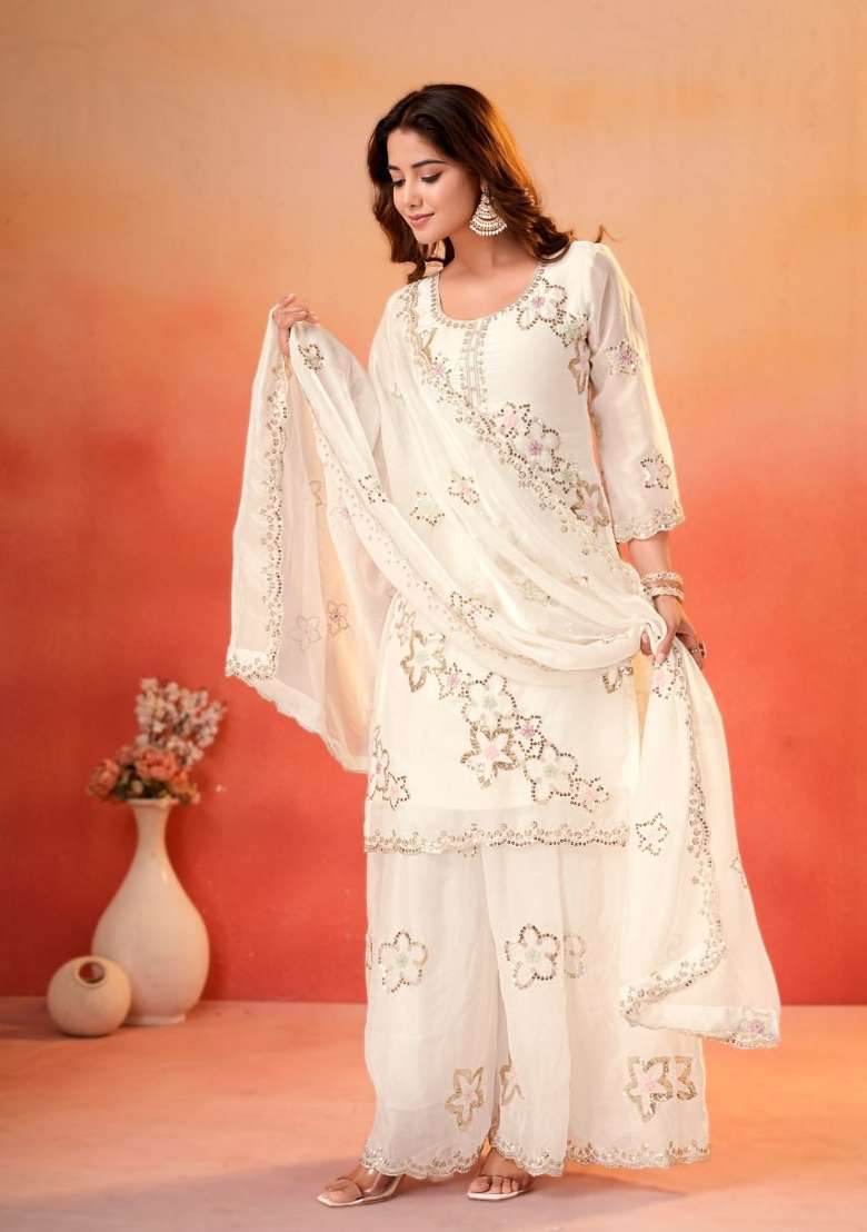 White Embroidered Silk Sharara Set - Indya