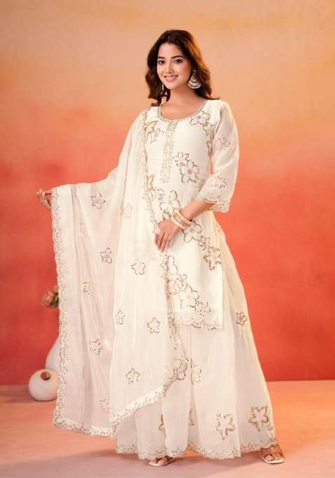 White Embroidered Silk Sharara Set