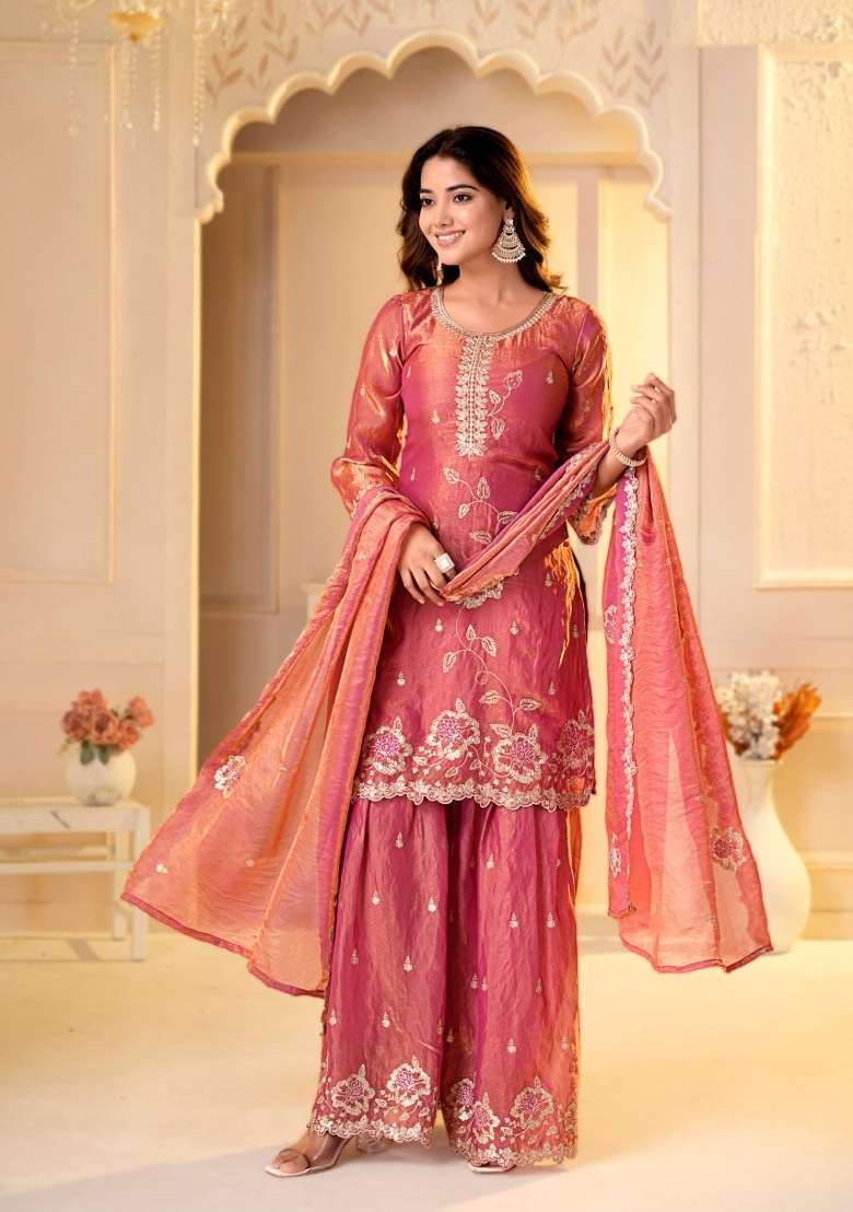 Orange Embroidered Silk Sharara Set - Indya