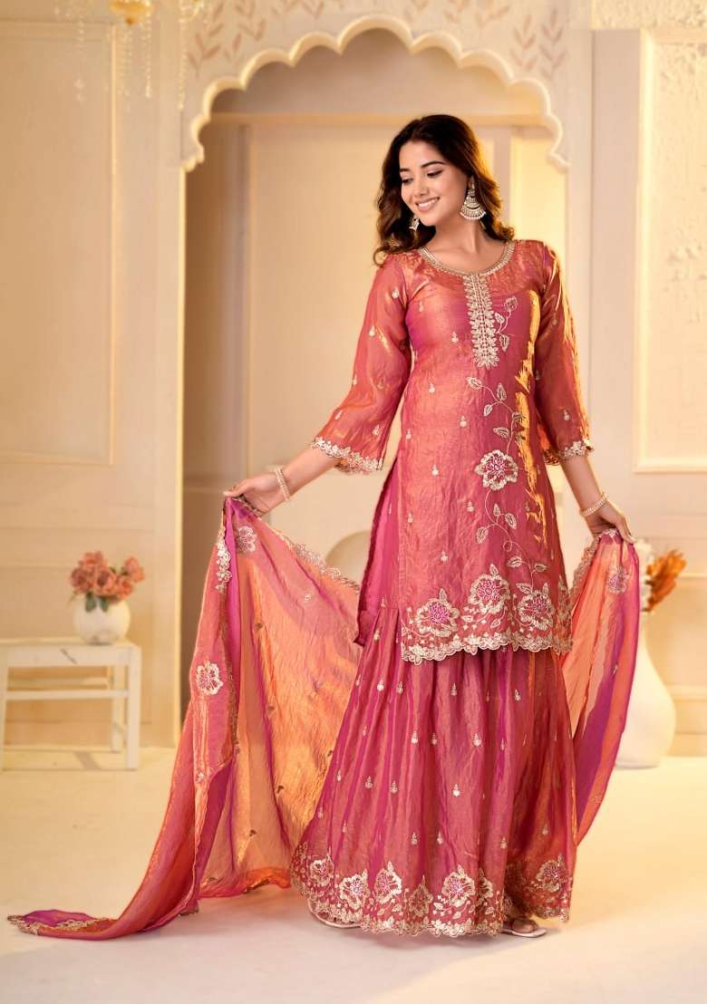 Orange Embroidered Silk Sharara Set - Indya