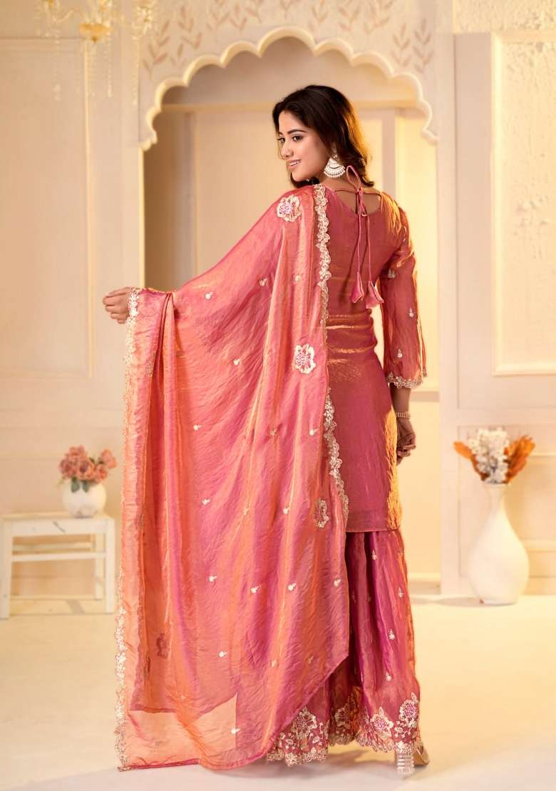 Orange Embroidered Silk Sharara Set - Indya
