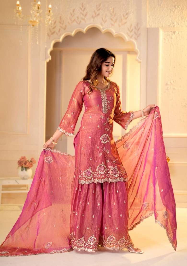 Orange Embroidered Silk Sharara Set - Indya